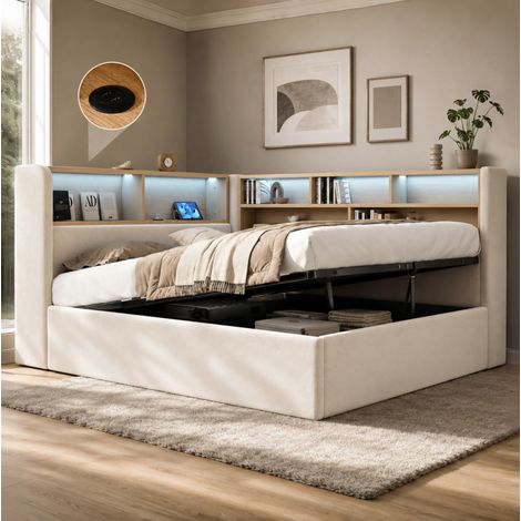 Letto contenitore 140x200 cm con LED, USB e porta Type-C, in velluto beige OKMYHOME (1/5)