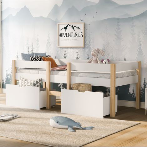 Bett Kinderbett mit Schublade und Rausfallschutz, Kiefer-Vollholz-90x200 cm-Weiß & Eiche (1/5)