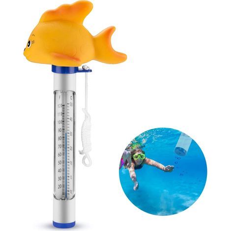 Floating pool thermometer, shaped like a goldfish, for measuring the water temperature in swimming pools, spas, hot tubs, and aquariums. - AquaForge (1/5)