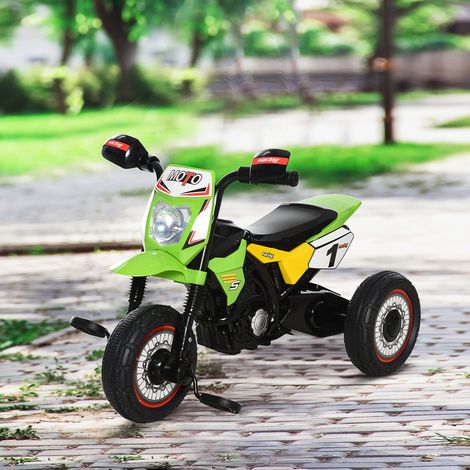 Triciclo da motocross per bambini con effetti musicali e luminosi, vano portaoggetti, verde