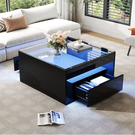 Table basse carrée 70 x 70 x 35 cm avec 2 tiroirs, verre trempé, LED, noir DESVIAE (1/5)