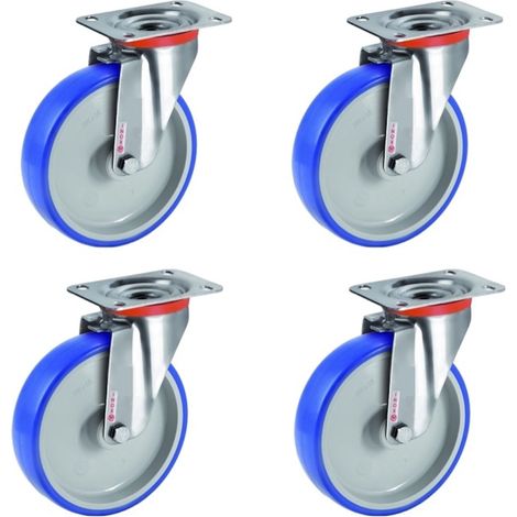 Lot de 4 roulettes INOX pivotantes polyuréthane BLEU-SOFT® 80 mm - 225 Kg (1/2)