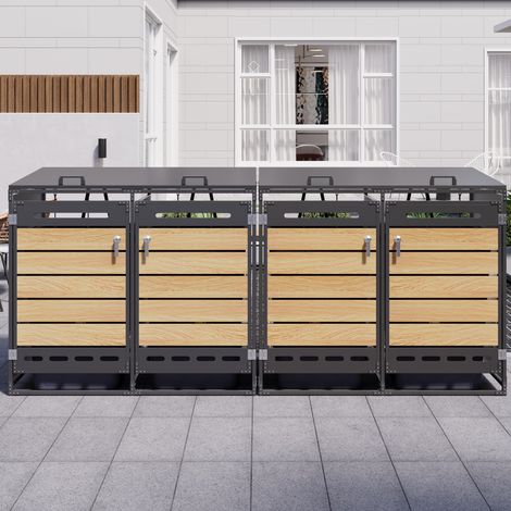 Lot de 4 cache-poubelles jardin métal, couvercle hydraulique, bois horizontal, ventilation & serrure (1/5)