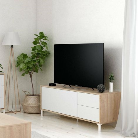 Dmora TV-Ständer Cary, Sideboard für Fernseher mit 2 Türen, TV-Ständer im Wohnzimmer, Fernsehschrank, Sideboard für Wohnzimmer, cm 130x41h47, Eiche und Weiß (1/5)