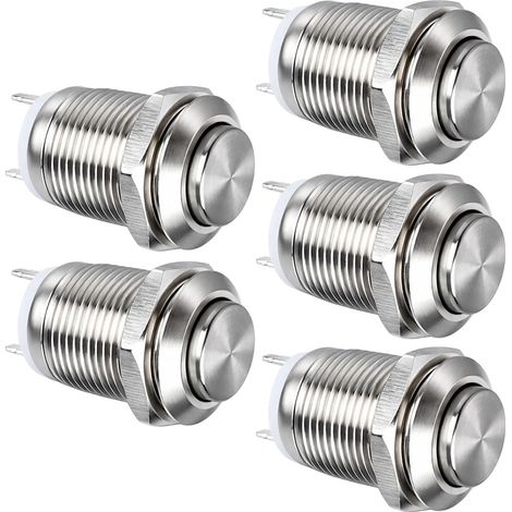Lot de 5 Bouton poussoir, Momentané, Métal, Etanche IP65, 12mm, Pour klaxon et PC