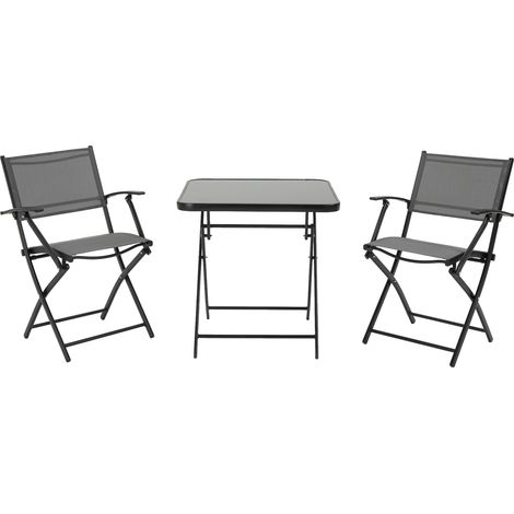 Salon de balcon pliable 2 personnes avec 1 table et 2 chaises, métal et mesh, noir et gris (1/5)