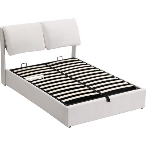 Lit capitonné 140x200 cm avec coffre hydraulique, 3 tiroirs, tête de lit, velours beige (1/5)
