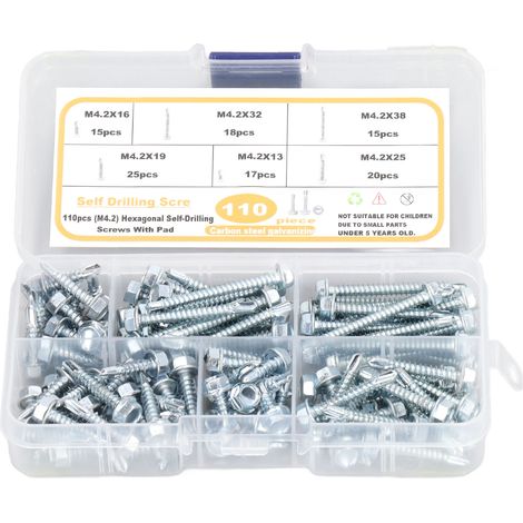 Kit de 110 vis autoperceuses à tête hexagonale avec rondelle M4.2, assortiment de 6 tailles. (1/5)