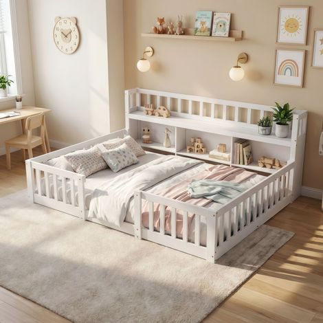 Lit Enfant Montessori 140x200 cm en Bois Massif avec Bibliothèque Intégrée, Lit au Sol avec Barrière de Sécurité Intégrale pour Fille et Garçon - Blanc (1/5)