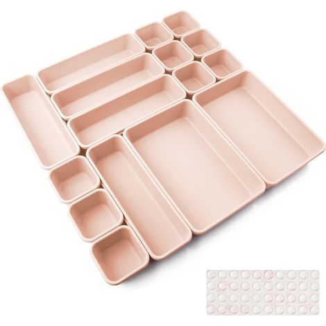 16 Pcs Organisateur Rangement Tiroir Cuisine Organiseur de Rangement Bureau Tiroir Plastique Salle avec 40 Pcs Boule Bntidérapante en Siliconedede Bain Plateaux pour Maquillage, Cuisine(Rose) (1/5)