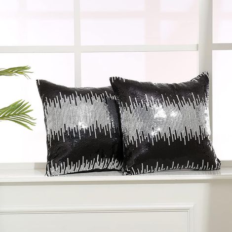 BEBUSINGOTO Paillettenbesetzte Kissenbezüge, dekorative Paillettenkissen für Zuhause, Sofa, Bett, Wohnzimmer, 40 x 40 cm, schwarz und silber, 2er-Set (1/5)