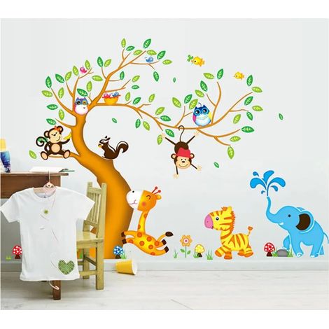 Fröhlicher Tierbaum mit Eule, Affe, Zebra und Giraffe – Wandtattoos, abnehmbare Wandaufkleber für Babyzimmer und Kinderzimmer