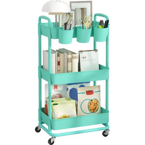 1 Chariot de rangement à 3 niveaux, Plateau en plastique, Structure en fer, Roues verrouillables, Pour cuisine et salle de bain