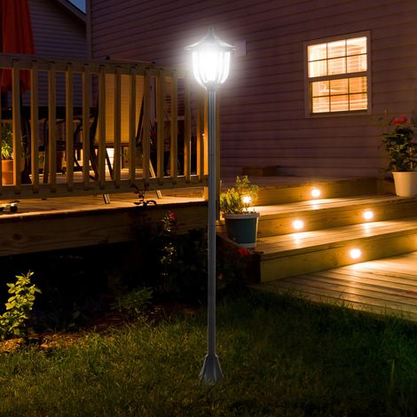 Farola exterior con 6 luces LED y paneles solares, resistente al agua, encendido automático, duración de 6 horas, altura 177 cm.