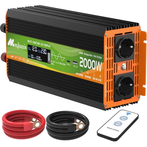 2000W Convertisseur 12v 220v Pur Sinus Transformateur Onduleur  2 Prises Ue Avec LCD Télécommande Ports USB+TYPE-C Pour RV Voiture De Camion,Camping,Caravane,Bateau (1/5)