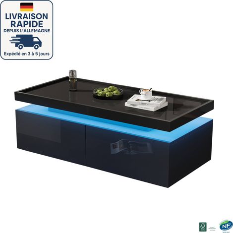MODFU - Mesa de centro rectangular LED con espacio de almacenamiento, 2 cajones, mesa auxiliar brillante para salón/dormitorio, 95×45×35 cm, color negro (1/5)