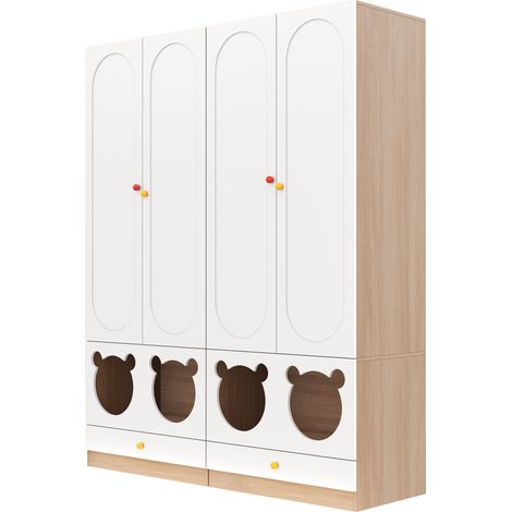 Armoire enfant 2 pièces avec espace pour chat, porte-manteaux métallique, panneaux laqués blanc et panneaux en aggloméré couleur bois, 160×50×200 cm (1/5)