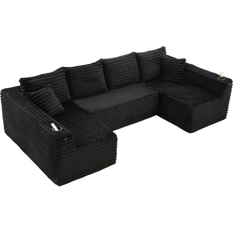 ELVMI Canapé d'angle en U modulaire avec porte-gobelet et poche latérale, 4 coussins, en Corduroy, Noir (1/4)