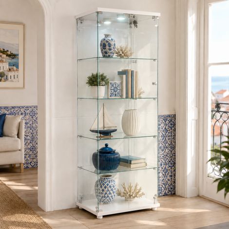 Vitrine vitrée, Vitrine Exposition avec serrure, Vitrine de Collection 2 porte, Armoire vitrée avec LED réglable et 3 étagères , Étagère de Présentation, Protection anti-basculement, Blanc