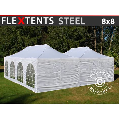 Pop up gazebo FleXtents Steel 8x8 m White, incl. 8 sidewalls