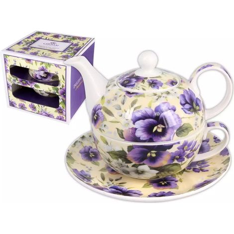 Carmani, Teekanne „Tea for One“ mit Tasse und Untertasse – lila Stiefmütterchen