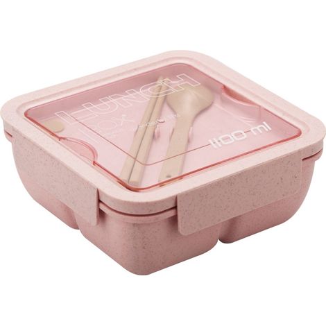 Boîte à lunch en paille de blé 1100 ml avec ruban adhésif de fermeture, cuillère, baguettes, compatible micro-ondes (rose) (1/5)