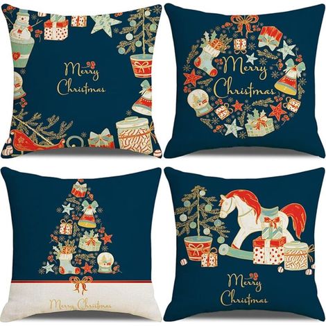 Coussin Noel Decoration Canapé Lot de 4 45 X 45 CM Cadeau de Noël Bleu Deco Housse Decoratifs pour Canapes Interieur Christmas Decoratif Taie d'oreiller Maison Housse Coussin Cadeaux 4 Pièces Doux (1/4)