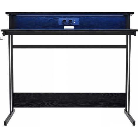 Table Gamer, Bureau Gaming avec LED et Multiprise, avec Rehausseur d’Écran, pour 2 Ordinateurs, pour Chambre, 60 x 120 x 76 cm, Noir (1/5)