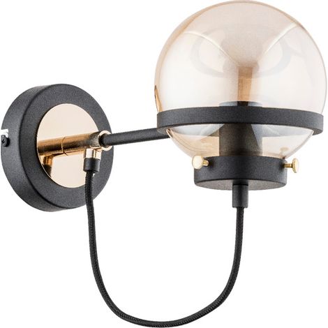 Alfa VESTA Modern Wall Sconce Light, Matte Black Metal, Amber/Gold Glass Globe Shade, 1xE14 Max 10W, Indoor IP20, Dimmable with Bulb, 31cm, for Bedroom Living Room Hallway (1/2)