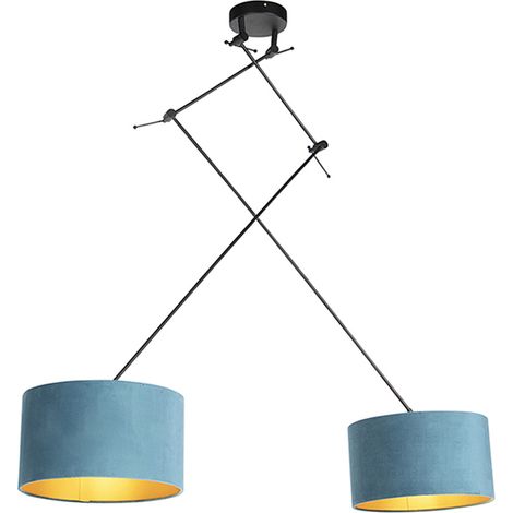 QAZQA Clásico/Antiguo Lámpara colgante negra con pantallas de terciopelo azul y dorado 35 cm 2 luces - Blitz Textil /Acero Cilíndra /Alargada /Redonda Adecuado para LED Max. 2 x 60 Watt (1/4)