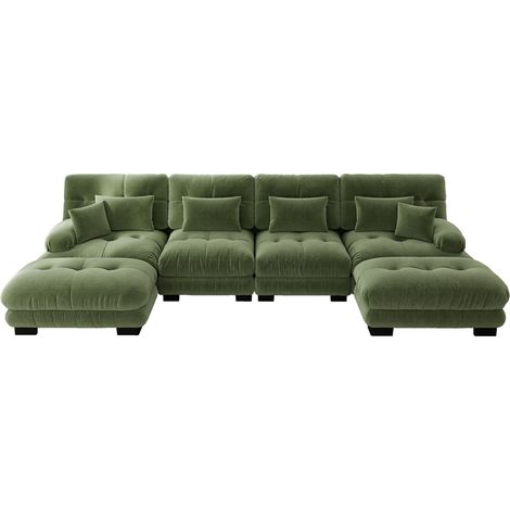 Canapé d'angle modulaire en chenille vintage verte, 4 places avec ottoman mobile (1/5)