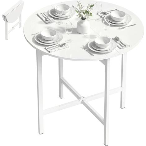 Table à Manger Pliante Ronde Ø 80 cm pour 4 Personnes, Design Moderne, Table de Cuisine avec 2 abattants, Pieds en Acier, idéale pour Petits espaces, Blanc (1/5)