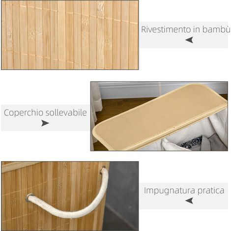 Panier à linge 90L pliable, 2 compartiments, couvercle et poignées en bambou (1/5)