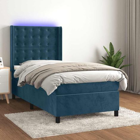 Cama box spring colchón y LED terciopelo azul oscuro 90x190 cm (1/5)