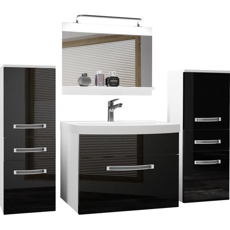 Belini – Ensemble de meubles de salle de bain avec lavabo 60 cm – Miroir 60x50 cm – 2 armoires suspendues 30x81,1 cm – Kit d'éclairage LED inclus – Noir brillant (1/5)
