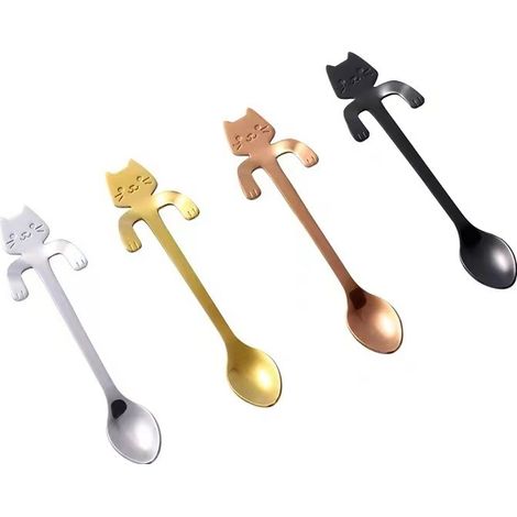 Juego de cuatro cucharillas de café que se pueden colgar en el borde de la taza, fabricadas en acero inoxidable con forma de gato (multicolor). (1/5)