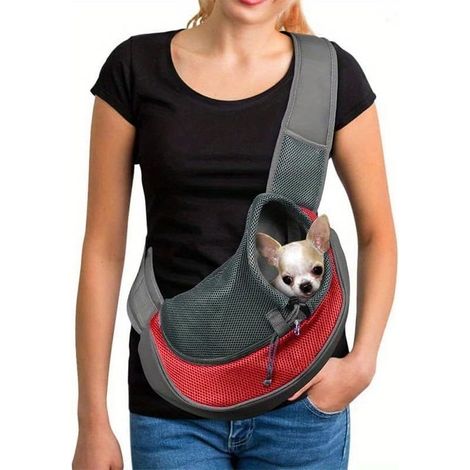 Sac de transport pour petits chiens et chats, sac bandoulière en filet respirant avec bandoulière réglable, sac de transport portable pour les activités de plein air (rouge) (1/5)