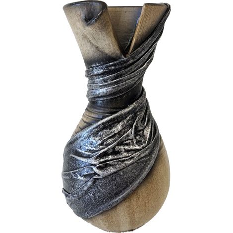 Vase artisanal beige avec drapé de tissus gris  20 cm