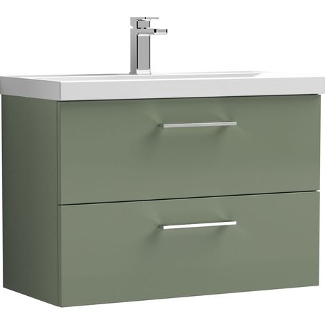 Wall Hung 2 Drawer Vanity Unit with Mid-Edge Ceramic Basin, 800mm - Satin Green (1/4)