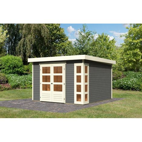 Karibu Gartenhaus Kerko 6 Gartenhaus aus Holz in Grau, Holzhaus mit 19 mm Wandstärke, Blockbohlenhaus mit Montagematerial Grau