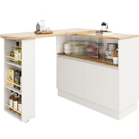 Buffet pivotant 360° avec porte coulissante en verre, rangement multifonction pour cuisine, salle à manger et coin bar, blanc et décor bois, CHICFURN (1/5)