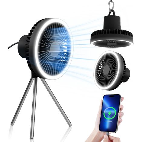 Ventilateur de camping avec lanterne LED, alimenté par batterie 10 000 mAh, avec crochet et trépied. Ventilateur d'extérieur rechargeable, réglable sur 3 vitesses, petit ventilateur portable pour tent (1/5)