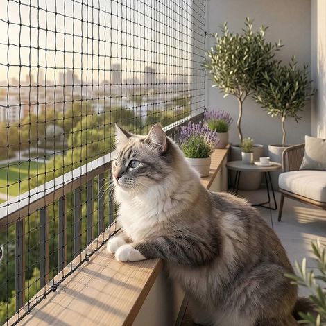 Filet de Protection Chat renforcé de Fil d'acier, avec kit de Fixation, 2x4m, Noir pour balcons, Portes extérieures et fenêtres (1/5)