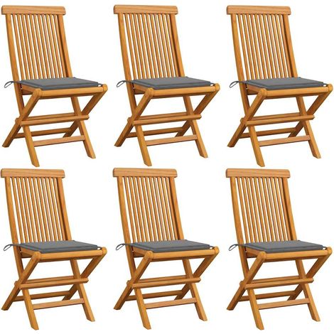 vidaXL Sillas plegables con cojines grises, 6 unidades, madera maciza de teca. (1/5)