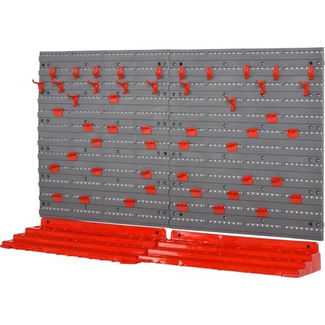 Panneau perforé mural pour outils – ensemble complet de 54 accessoires (bacs de rangement, crochets), en polypropylène (PP), gris et rouge, dimensions : 95,5 x 23 x 53,5 cm, idéal pour atelier (1/5)