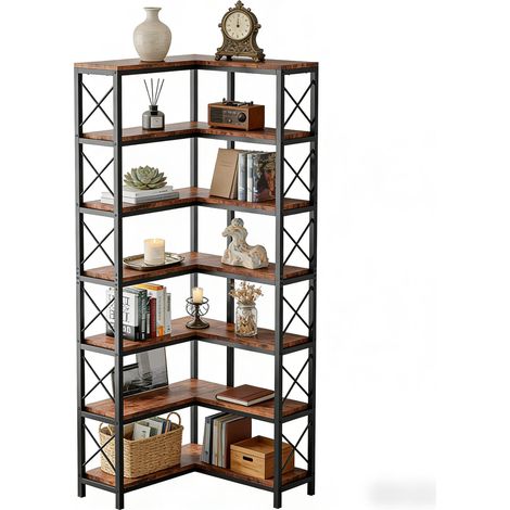 Libreria angolare in metallo e legno, design industriale, 7 ripiani (1/5)