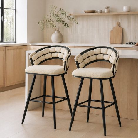 DESMIU Tabouret de bar avec dossier tressé et repose-pieds, en velours et métal beige noir 71 × 61 × 37 cm (1/5)