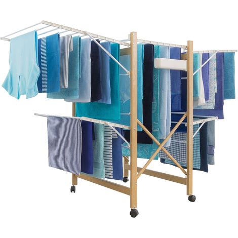 Idmarket – Séchoir à linge pliable 27m – Design imitation bois – 4 roues – Dimensions déplié 177x60x105cm – Faible encombrement replié 105x60x12cm