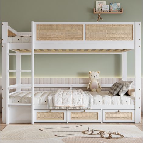 Cama litera infantil 90x200 cm blanco y natural, madera de pino y MDF con 3 cajones (1/5)