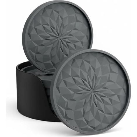 Dessous de Verre en Silicone avec Support,Lot de 6 sous-Verres Ronds,Antidérapants et Résistants à la Chaleur,Durables et Lavables au Lave-Vaisselle – pour Boissons, Café, Tasses, Cuisine, Bar (Gris) (1/5)